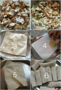 Collage showing prep pics of chicken tikka spring rolls