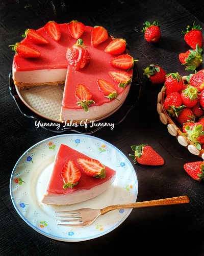 Eggless no bake Strawberry cheesecake - Yummy Tales Of Tummy