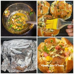 Collage showing prep pics to make10 minutes easy cheesy garlic pull apart Bread