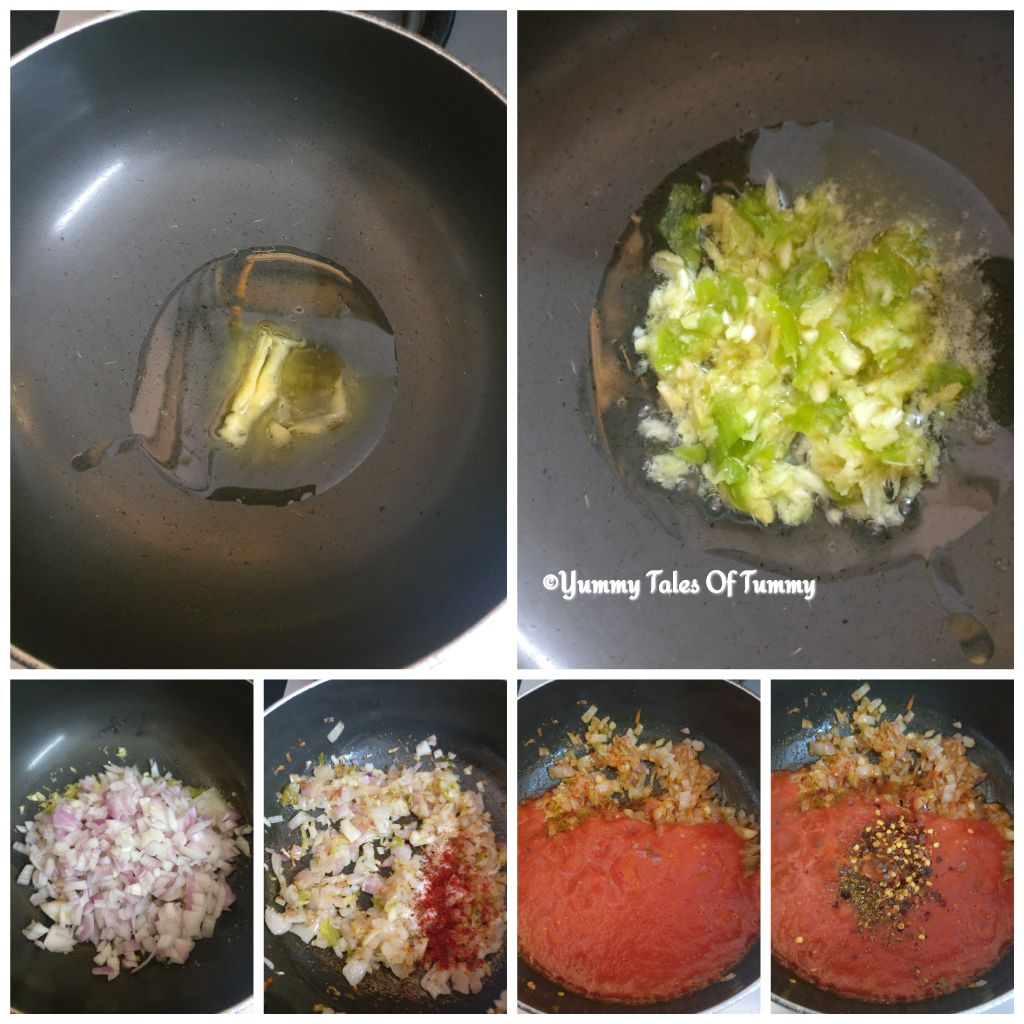 A delicious collage showing the process of making red sauce pasta with fresh vegetables and penne.
