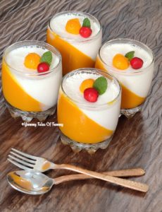 Mango Vanilla Panna cotta | Mango Pudding served in 4 glasses