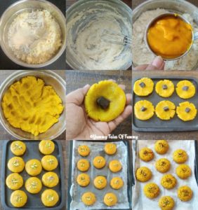 Collage showing prep pics of mango cookies