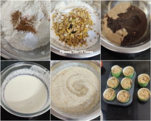 Collage showing prep pics to make sweet muffins