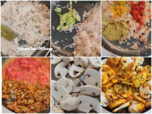 Collage showing prep pics for Mushroom Do Pyaza | Khumb Do Pyaza | Mushroom and Onions curry