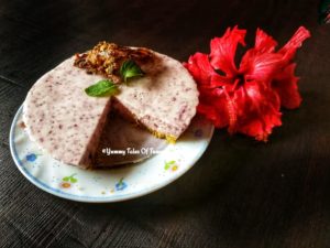 No bake Hibiscus cheesecake served in white plate