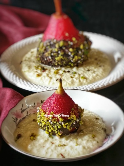 Hibiscus Poached Pears with rice pudding