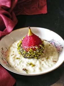 Hibiscus Poached Pears with rice pudding