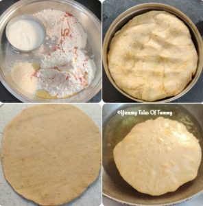 Collage showing prep pics to make bhatura