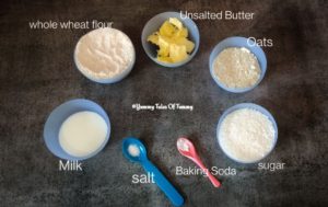Ingredient list to make Whole wheat oats Biscuits | Eggless atta biscuits