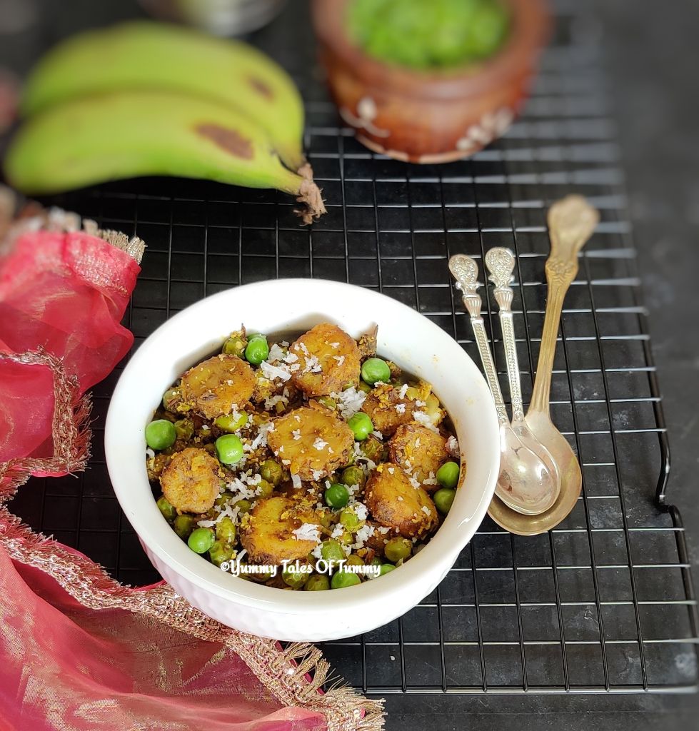 Kachha Kela Matar ki Sabzi Raw Banana Green Peas stir fry Yummy