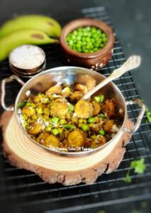 Read more about the article Kachha Kela Matar ki Sabzi | Raw Banana Green Peas stir fry