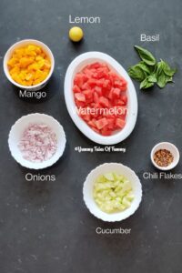Ingredient list to make watermelon mango Pico de gallo 