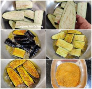 Collage of prep pics to make fried brinjal 