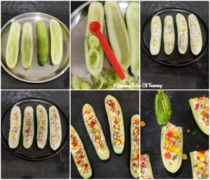 Collage showing prep pics of Low Carb Cucumber Boats 