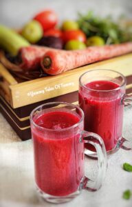 Vegetable Juice Recipe | Mixed Veg Juice served in glasses with vegetables in the background 