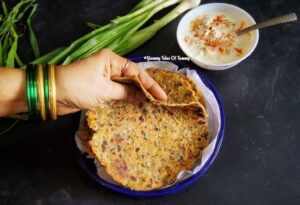 Spring Onion Paratha | Kanda Paratha | Onion Paratha served with curd and spring onions in the side