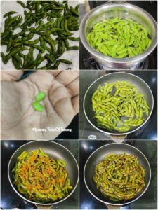 Collage showing prep pictures of stir fry edamame 