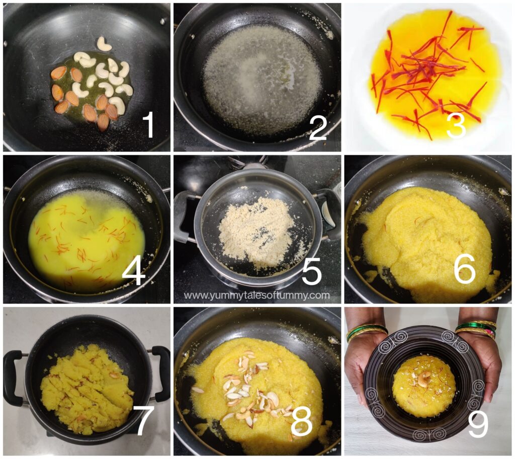 Collage showing prep pictures of Rava kesari recipe | Kesari Bath 