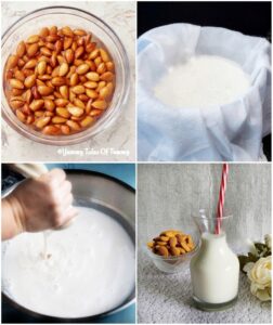 Collage showing prep pictures of making almond milk at home