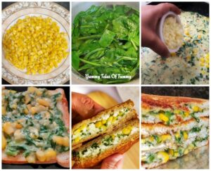 Collage showing prep pics of Spinach Corn Sandwich Recipe | Palak sweetcorn sandwich 