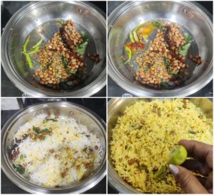 Prep pics collage showing making of Lemon Rice Recipe (Chitranna Rice)