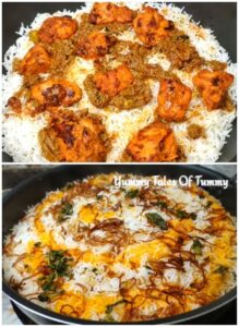 Layering of chicken tikka pieces and rice