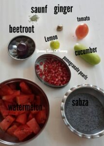 Ingredients list to make Watermelon gazpacho (cold soup recipe)