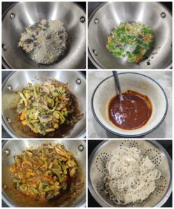 Collage showing prep pics of Gochujang noodles 