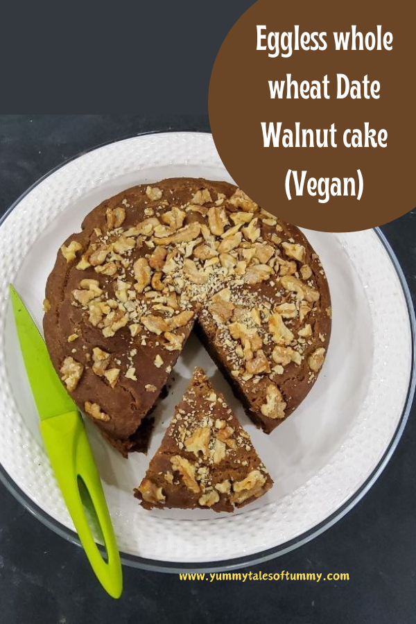 Eggless whole wheat Date Walnut cake (Vegan) pin 1