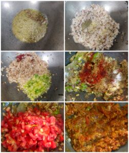 Collage showing Onion tomato gravy making 