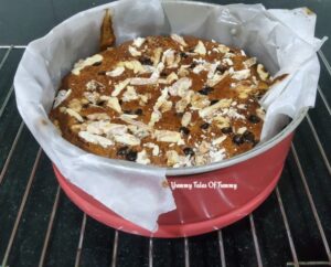 Baked Eggless Whole wheat Banana Cake (Vegan) out of the oven, cooling on the rack