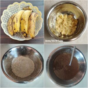 Collage showing prep pics to bake eggless whole wheat banana cake (vegan)