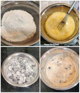 Collage showing prep pics to make Air fryer vegan Banana blueberry muffins 