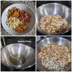 Collage showing roasting of nuts to make Nariyal Ladoo Recipe (Coconut Laddu)