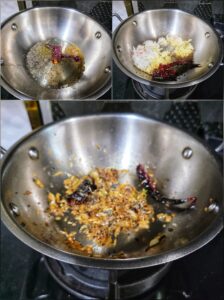 Collage showing prep pics to make Gujarati sev tomato sabzi 