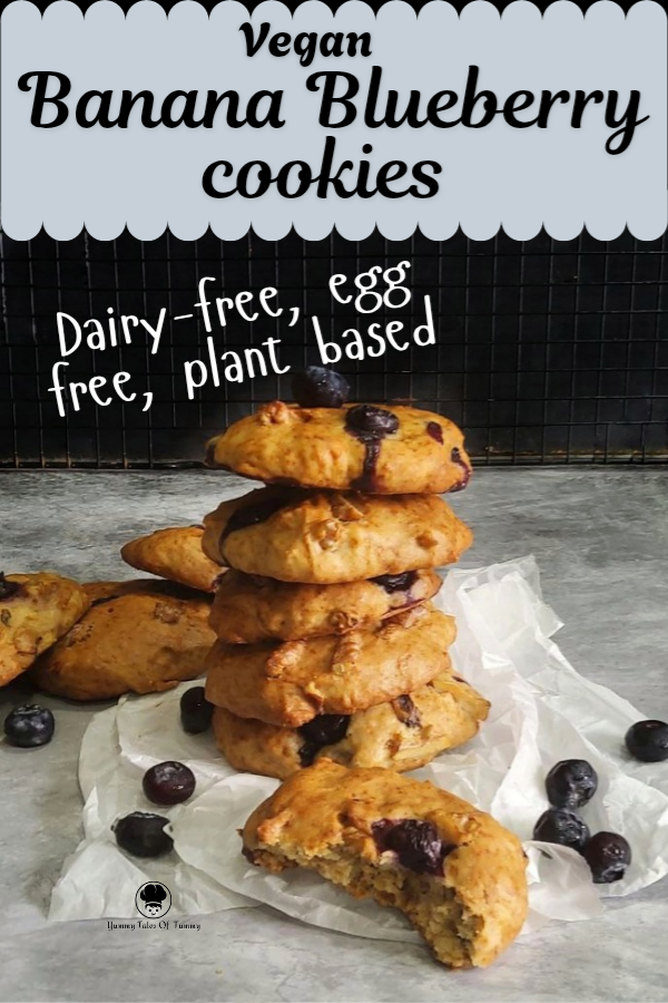 Stacked vegan Banana Blueberry cookies pin 1
