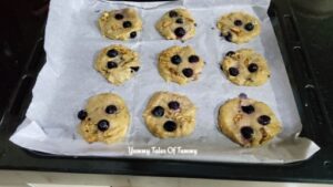 Vegan Banana Blueberry cookies ready to be baked in an oven