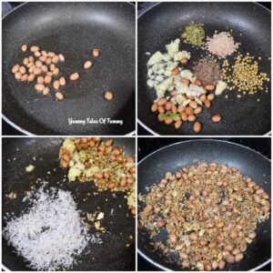 Collage showing making of stuffing for karela