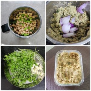 Collage showing process to make falafel mixture 