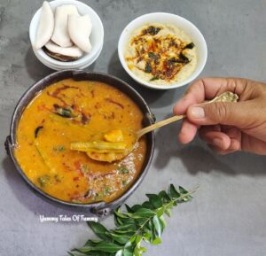 Sambar Recipe ( Homestyle in Pressure Cooker) served with coconut chutney