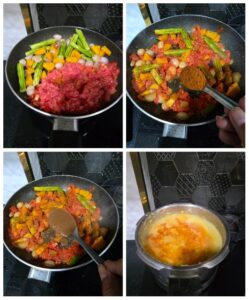 Collage showing vegetables being sautéed with tomato and spices