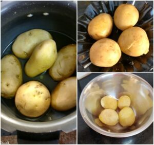 Pressure cooked potatoes to make garlic herb mashed potatoes