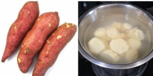 Sweet potato cut into roundels and submerged in water