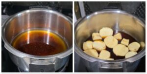 sweet potato rounds in jaggery water ready to be pressure cooked
