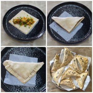 Collage showing how stuffing to be done in puff pastry sheets 