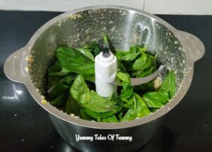 Ingredients to make Basil Pesto Sauce Recipe in the chopper
