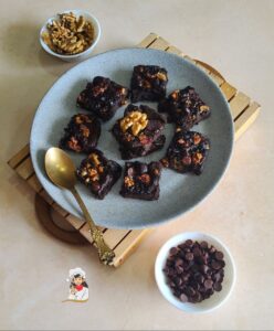 Air fryer Sweet potato Brownies (Vegan) served with chocolate chips and walnuts