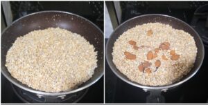 Dry roasted oats and almonds in a pan