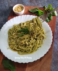 Easy Basil Pesto Pasta Recipe served in a white plate
