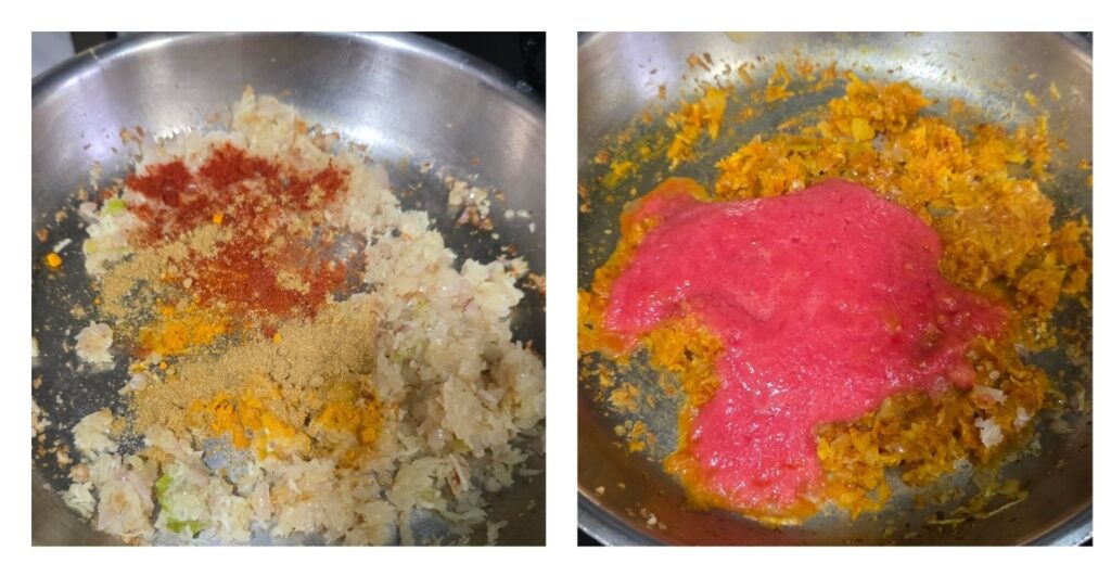Making pics showing sautéed onions and grated tomatoes